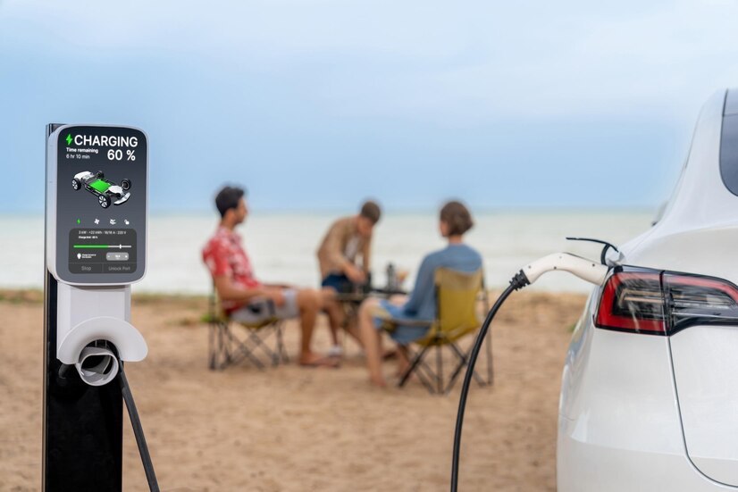 Mise en avant d'une recharge de voiture, avec des personnes sur la plage derrière
